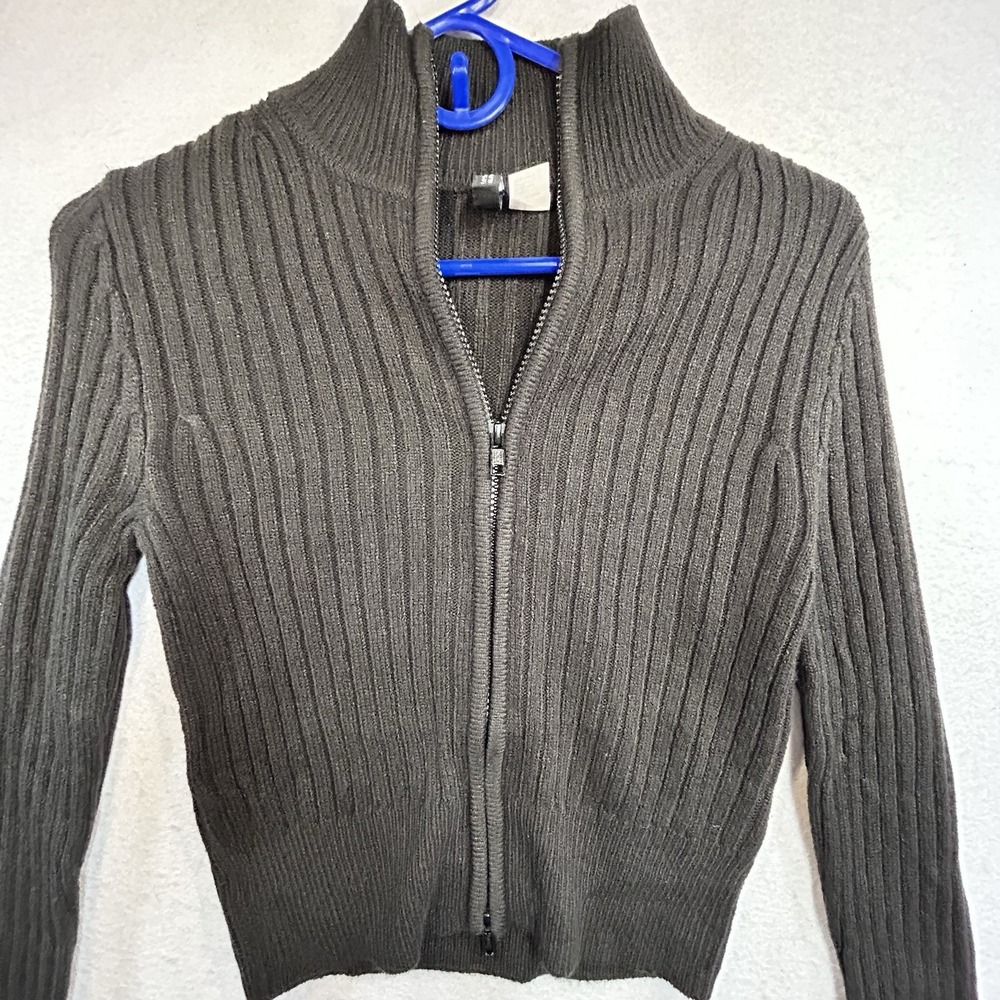 Y2K Divided H&M Women's Black Rib-Knit Full Zip Sweater Long Sleeve XS
